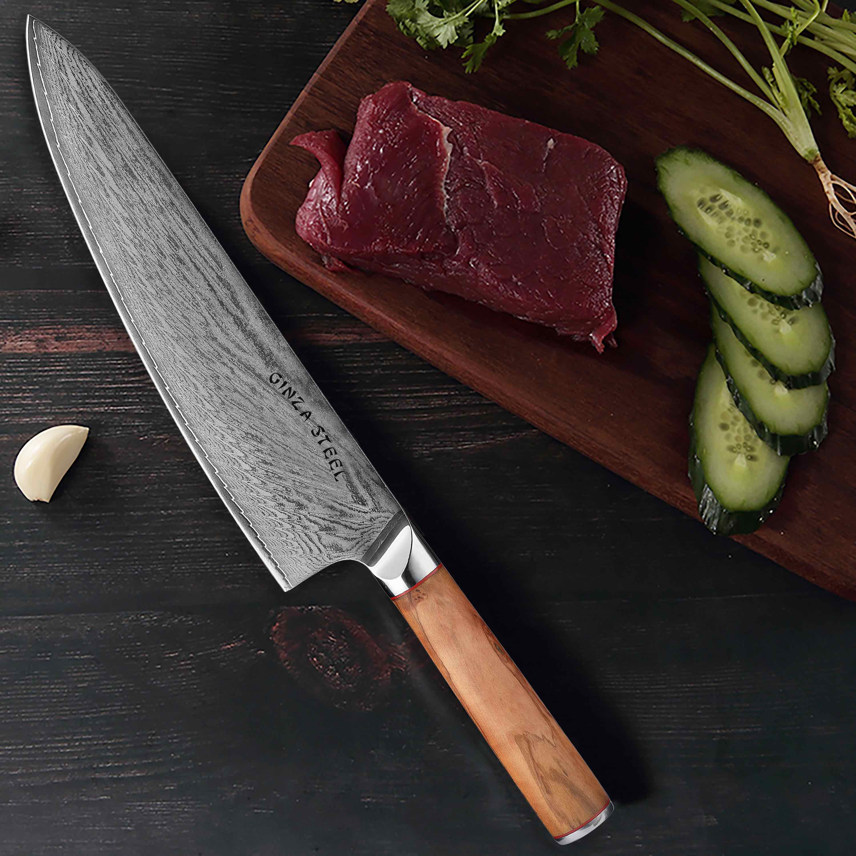 Ginza Steel MIA 24 Chef Knife 9” – Damascus AUS10, 67-Layer, Olive Wood Handle 