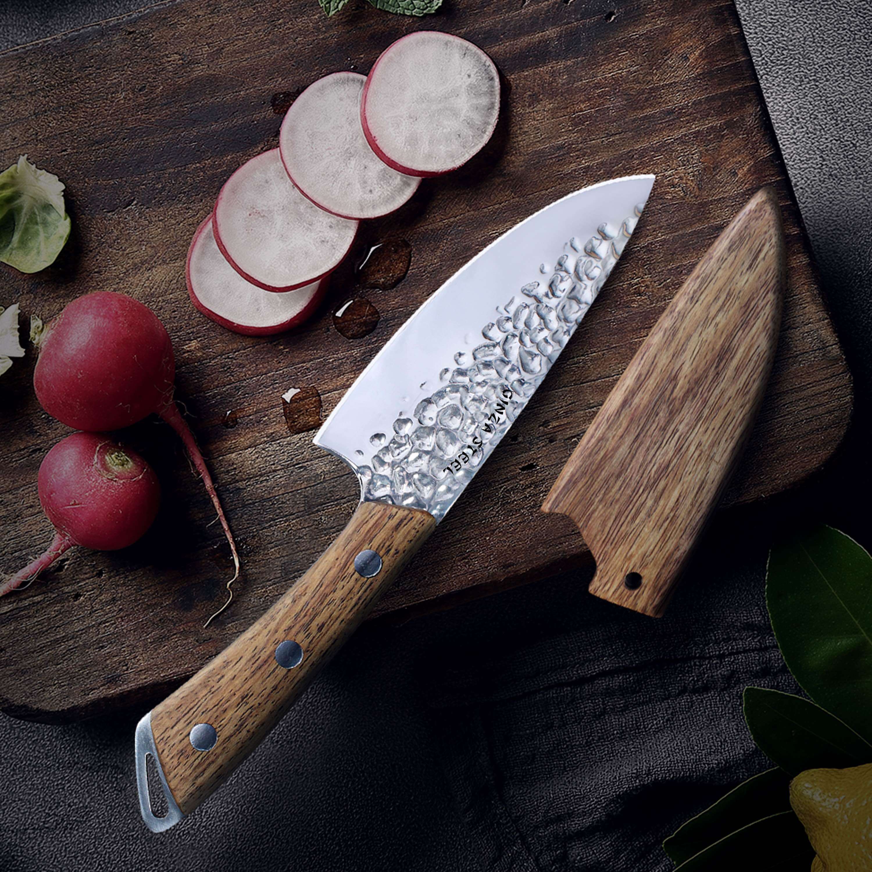 SHINOBI | Chef Knife 5-inch AUS8 hammered blade with Wood handle 