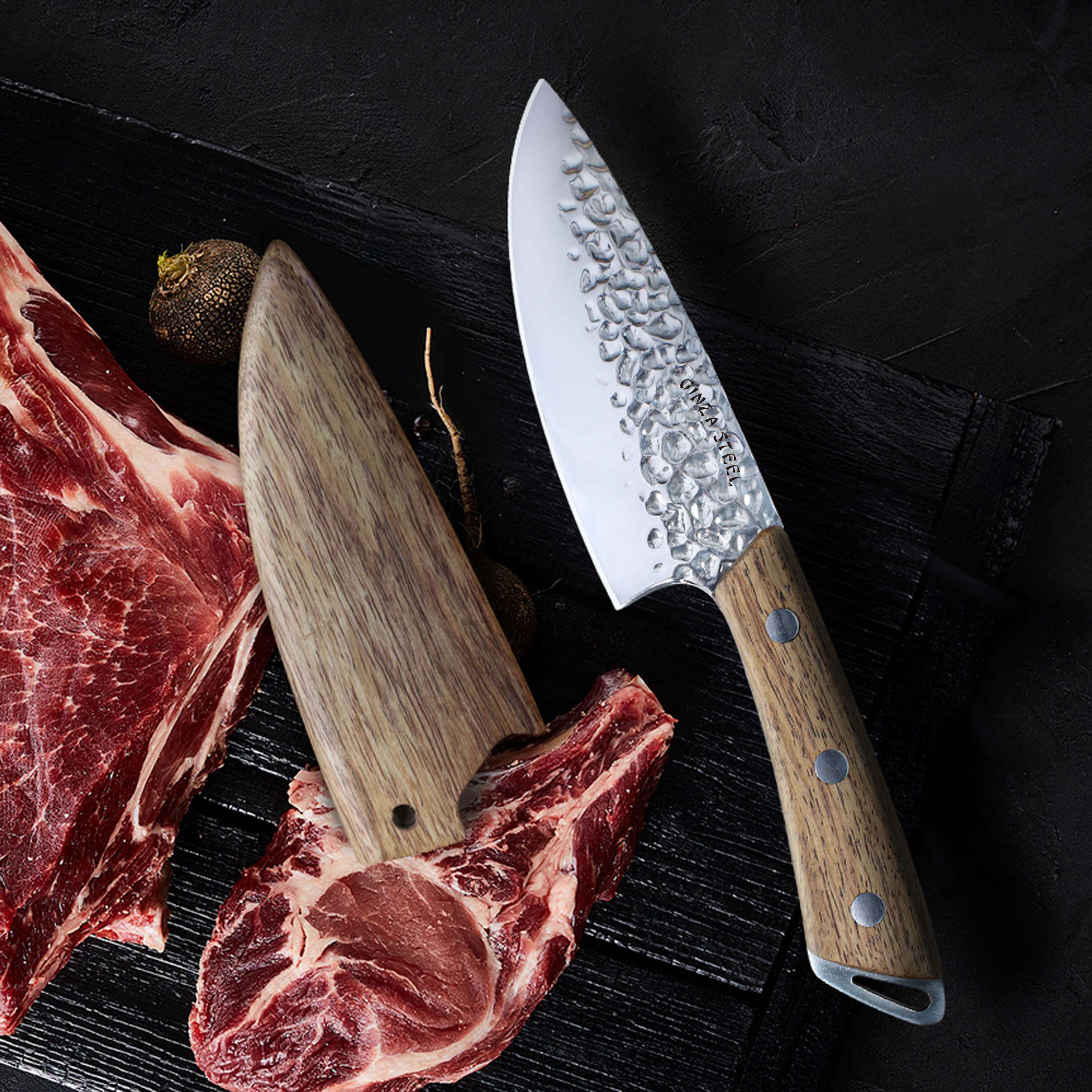 SHINOBI | Chef Knife 5-inch AUS8 hammered blade with Wood handle 