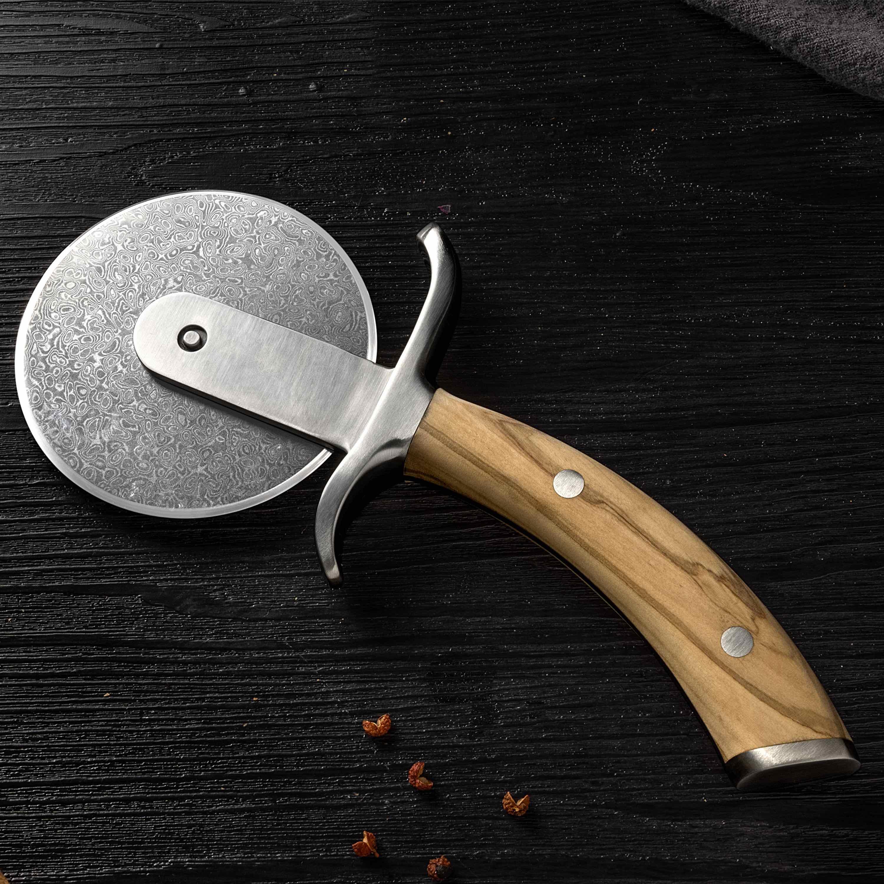 Ginza Steel MIA Pizza Slicer – Stainless Blade with Olive Wood Handle 