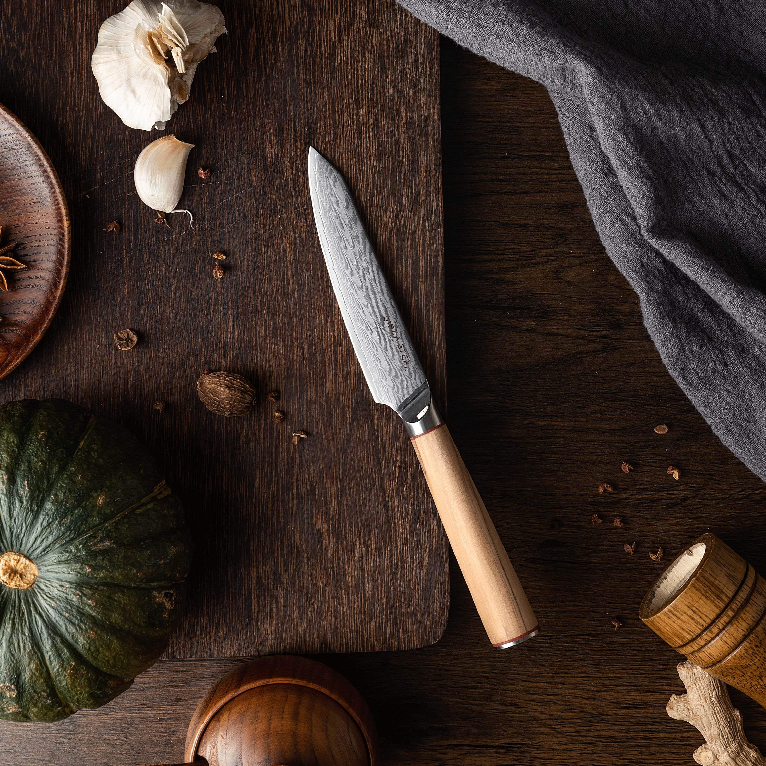 Ginza Steel MIA 12 Utility Knife 5” – Damascus AUS10, 67-Layer, Olive Wood Handle 