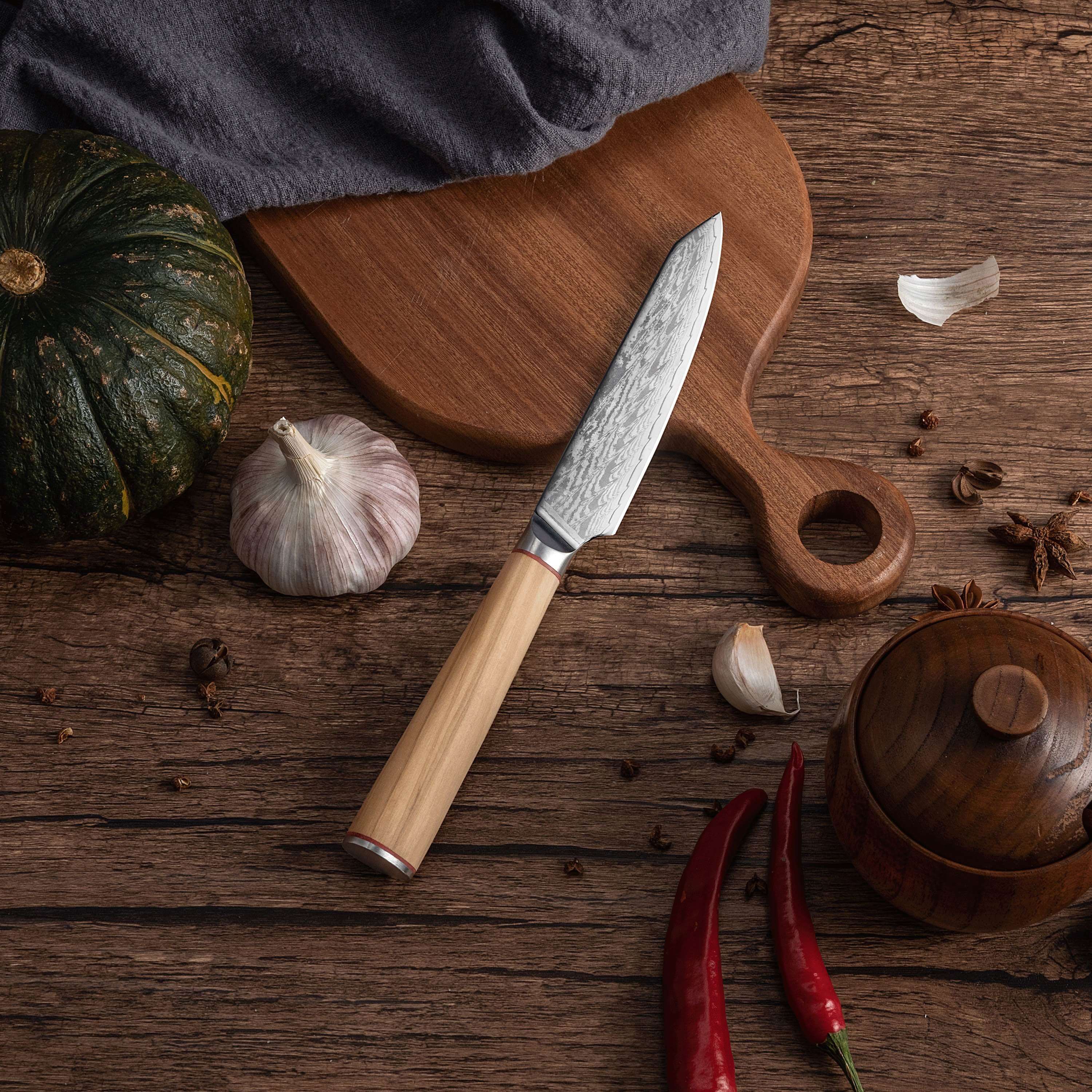 Ginza Steel MIA 12 Utility Knife 5” – Damascus AUS10, 67-Layer, Olive Wood Handle 