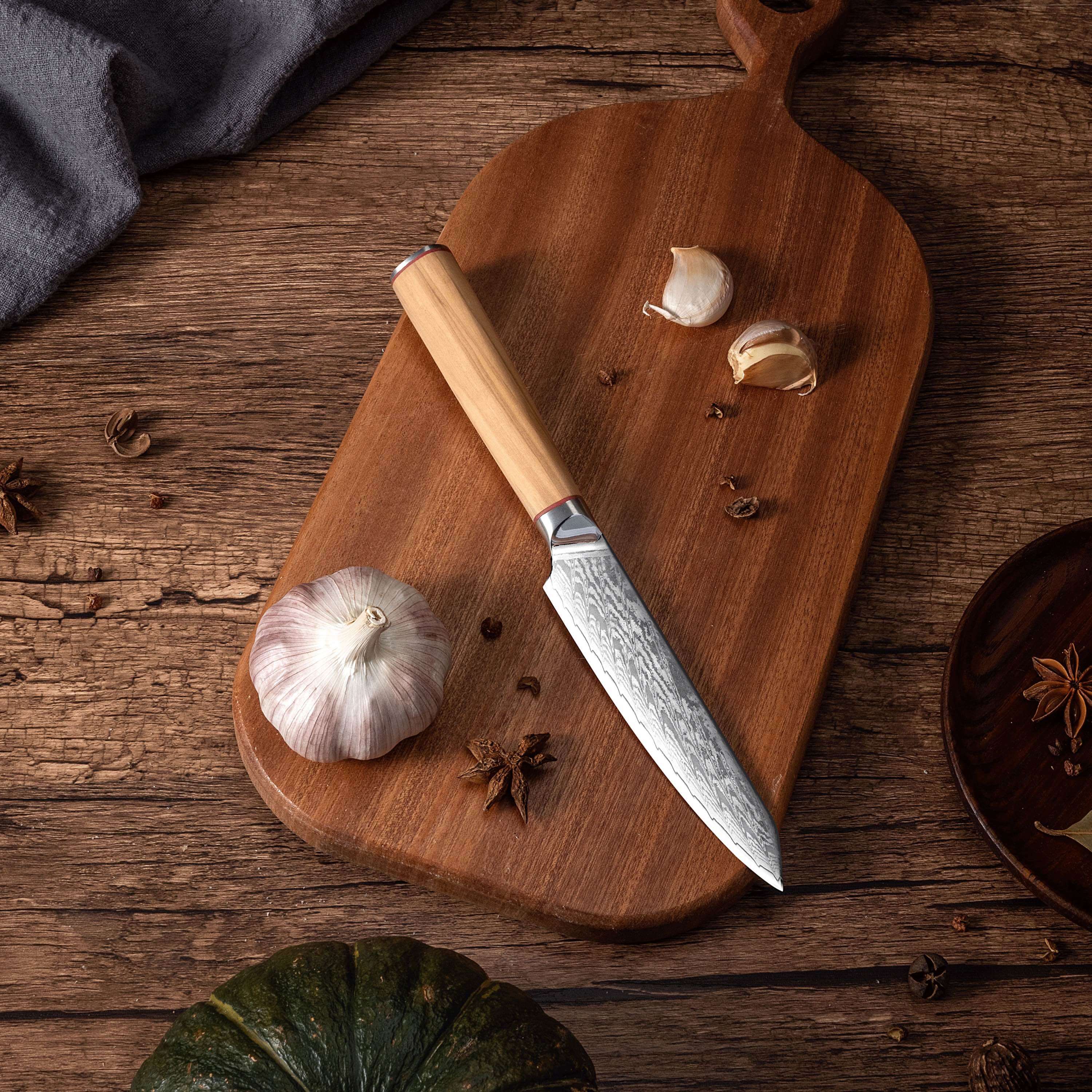 Ginza Steel MIA 12 Utility Knife 5” – Damascus AUS10, 67-Layer, Olive Wood Handle 