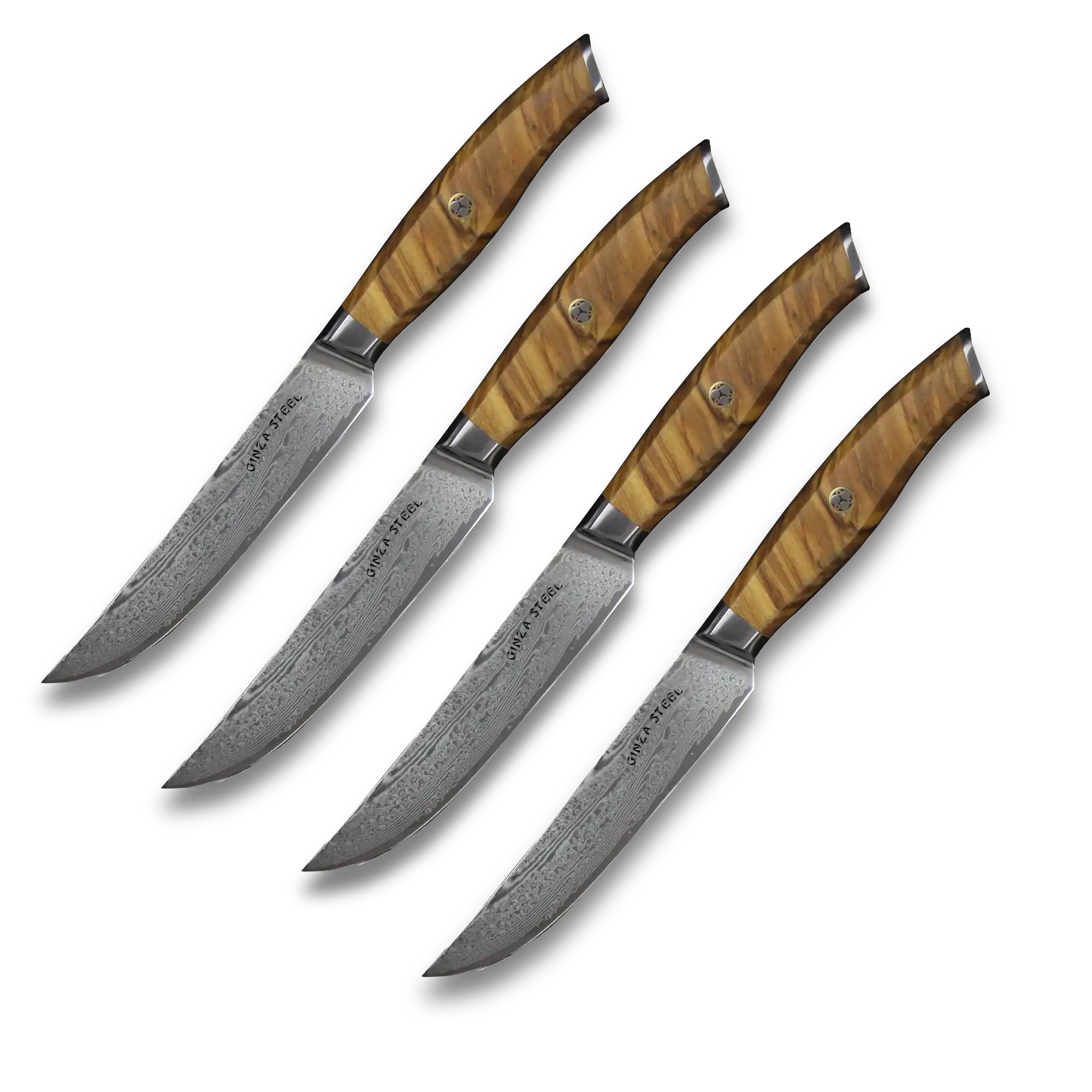 Ginza Steel AMELIA Five – 4-Piece VG10 Damascus Steel Steak Knife Set with Wood Block 