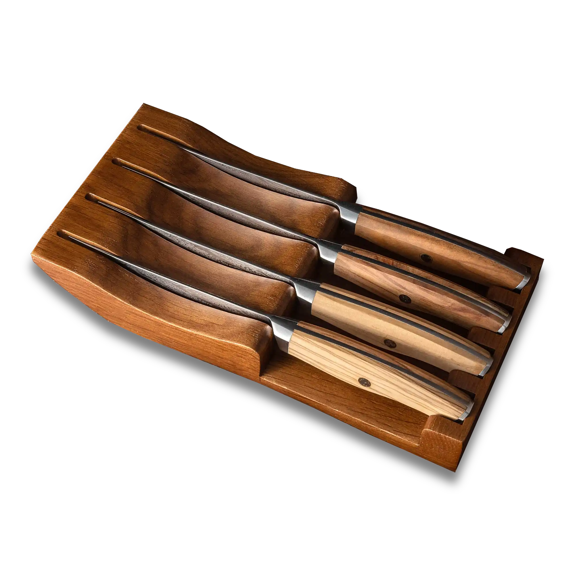 Ginza Steel AMELIA Five – 4-Piece VG10 Damascus Steel Steak Knife Set with Wood Block 