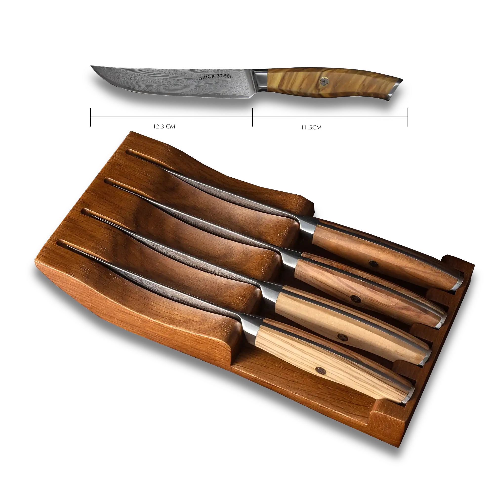 Ginza Steel AMELIA Five – 4-Piece VG10 Damascus Steel Steak Knife Set with Wood Block 