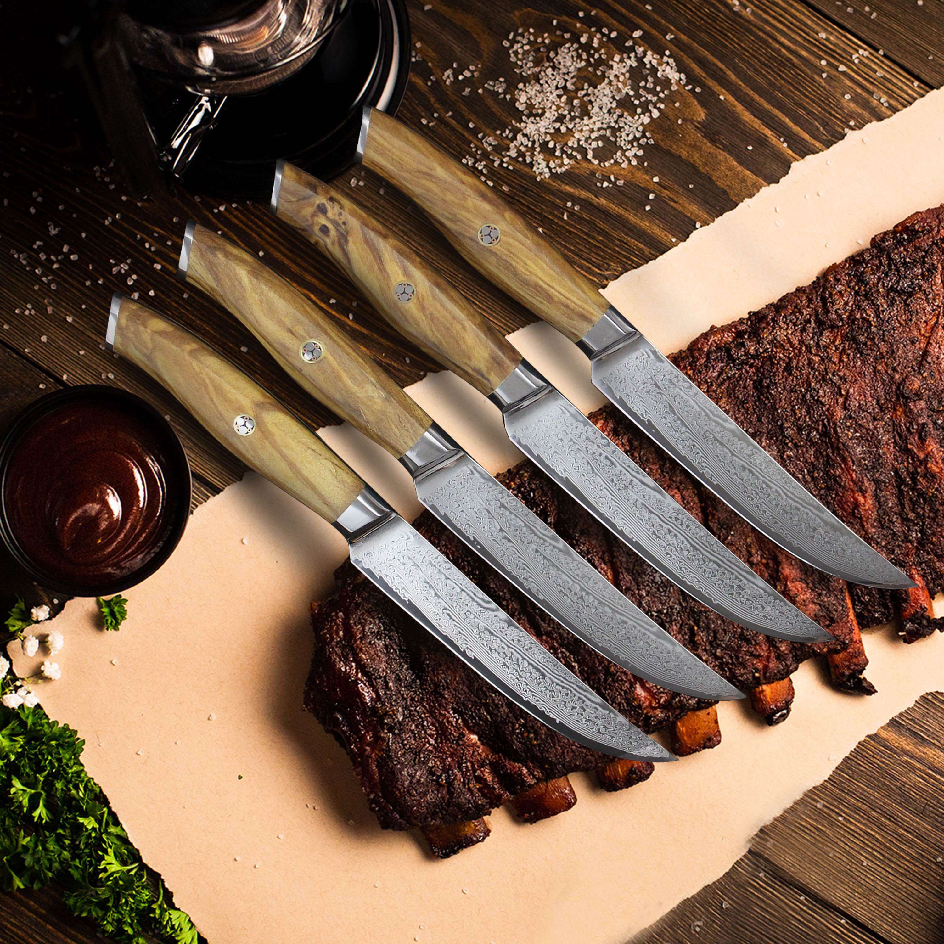 Ginza Steel AMELIA Five – 4-Piece VG10 Damascus Steel Steak Knife Set with Wood Block 