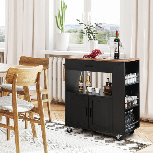 Rolling Kitchen Trolley with 3 Spice Racks Drawer and Open Shelf-Black - Free Shipping 