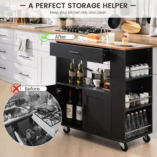 Rolling Kitchen Trolley with 3 Spice Racks Drawer and Open Shelf-Black - Free Shipping 