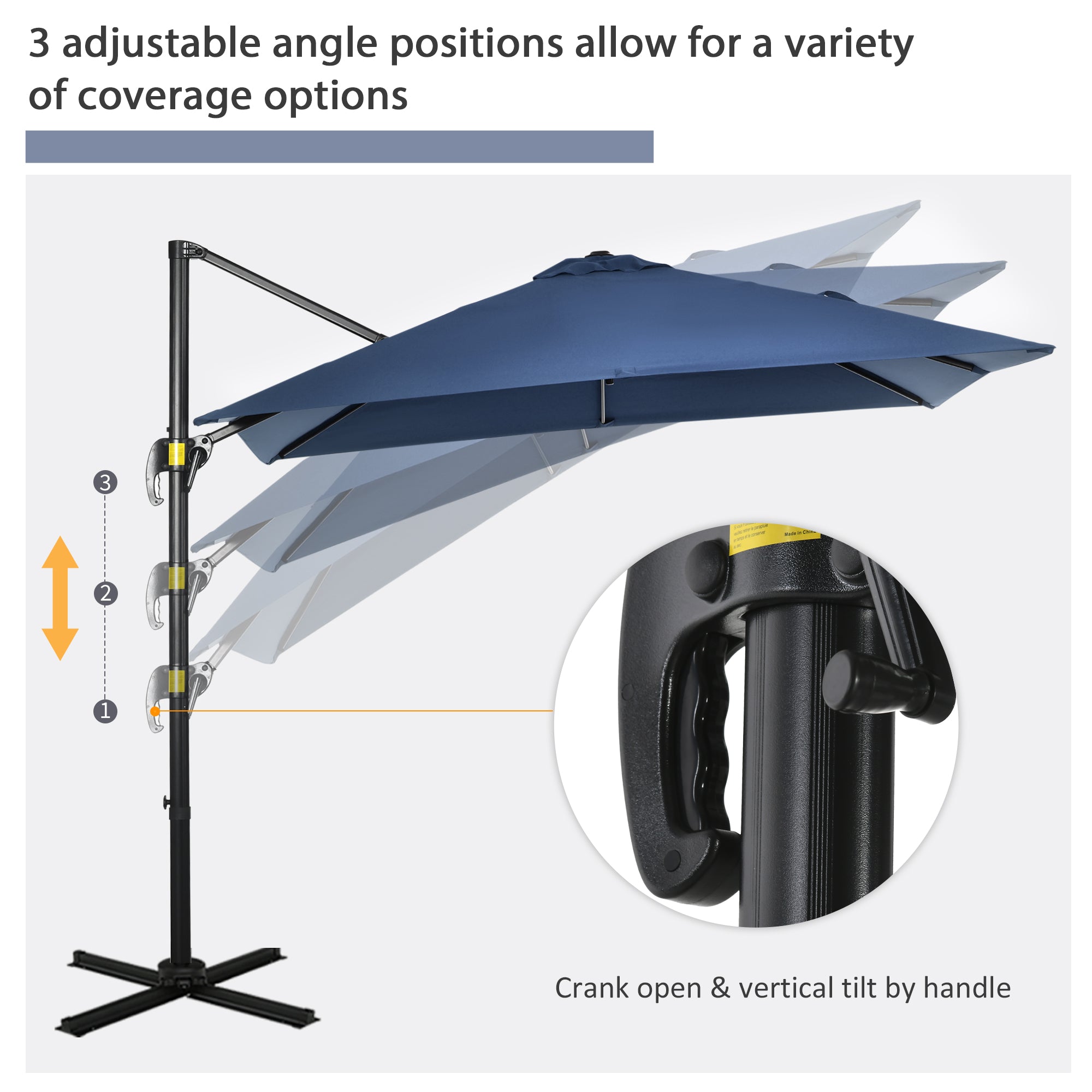 Outsunny Square Patio Hanging Offset Umbrella 8' x 8' Aluminum Cantilever Crank Market Parasol 360° Rotation Cross Base Dark Blue 