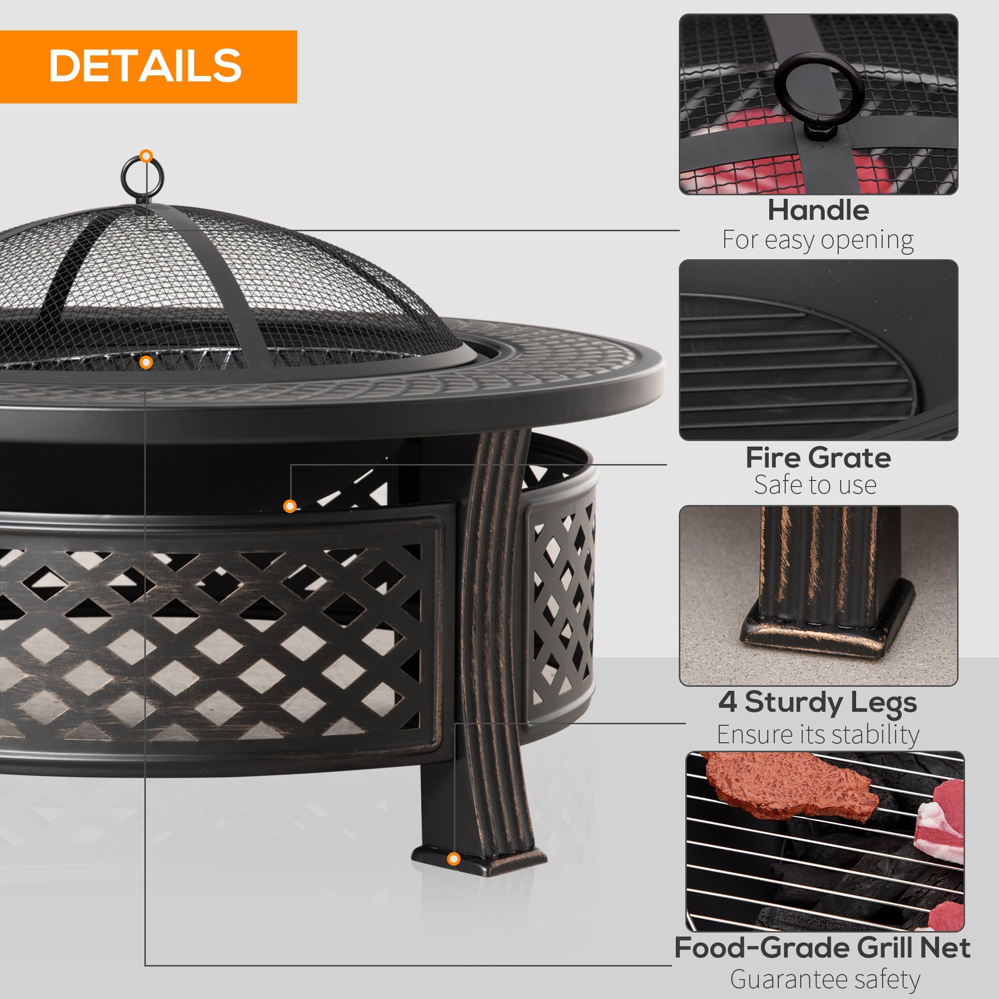 Outsunny Outdoor Fire Pit, Firepit with Grill Net, Mesh Lid, Poker, for Camping, Bonfire, Picnic, Bronze 