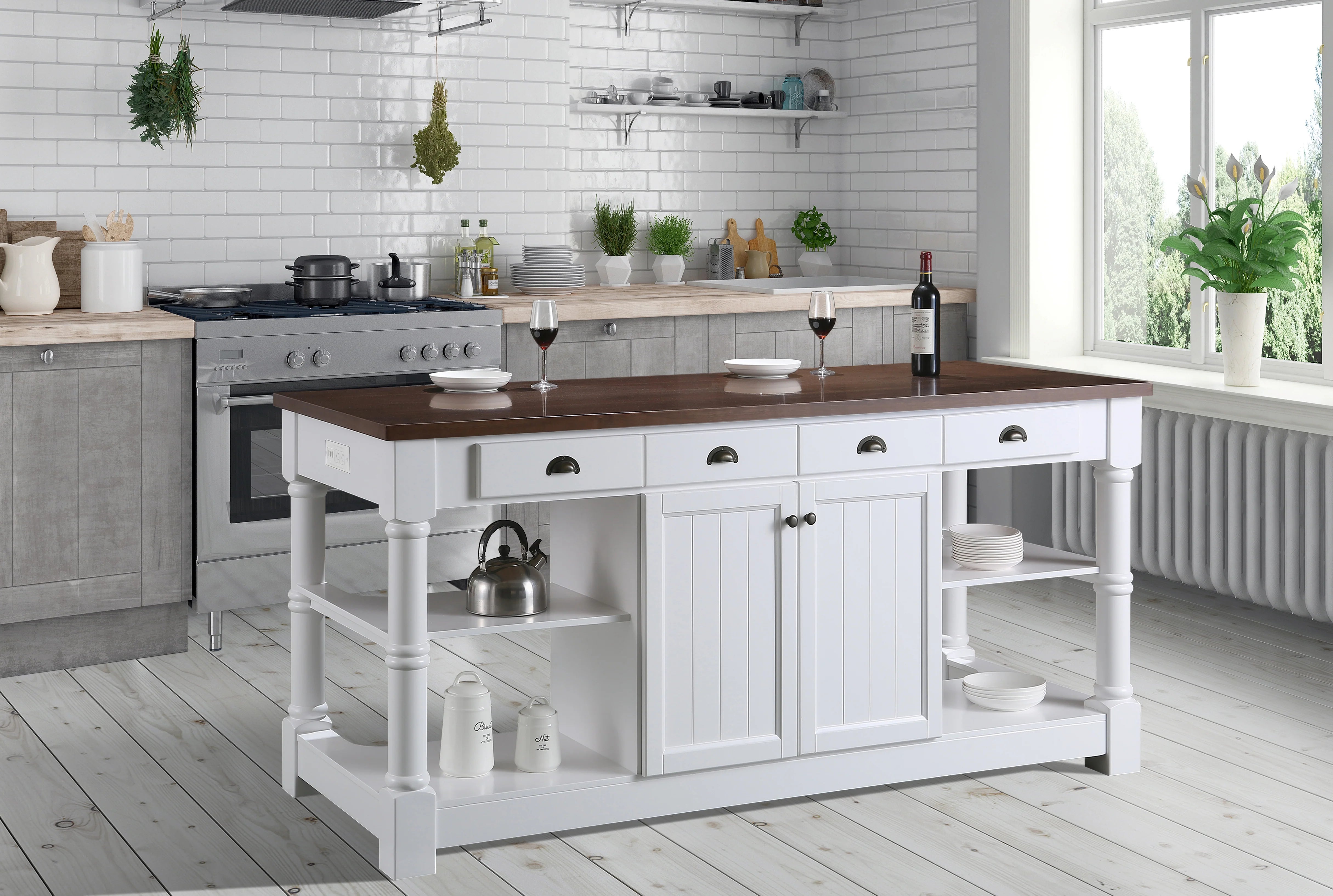 Monterey 80" Kitchen Island in White Cabinet Finish and Wood Countertop