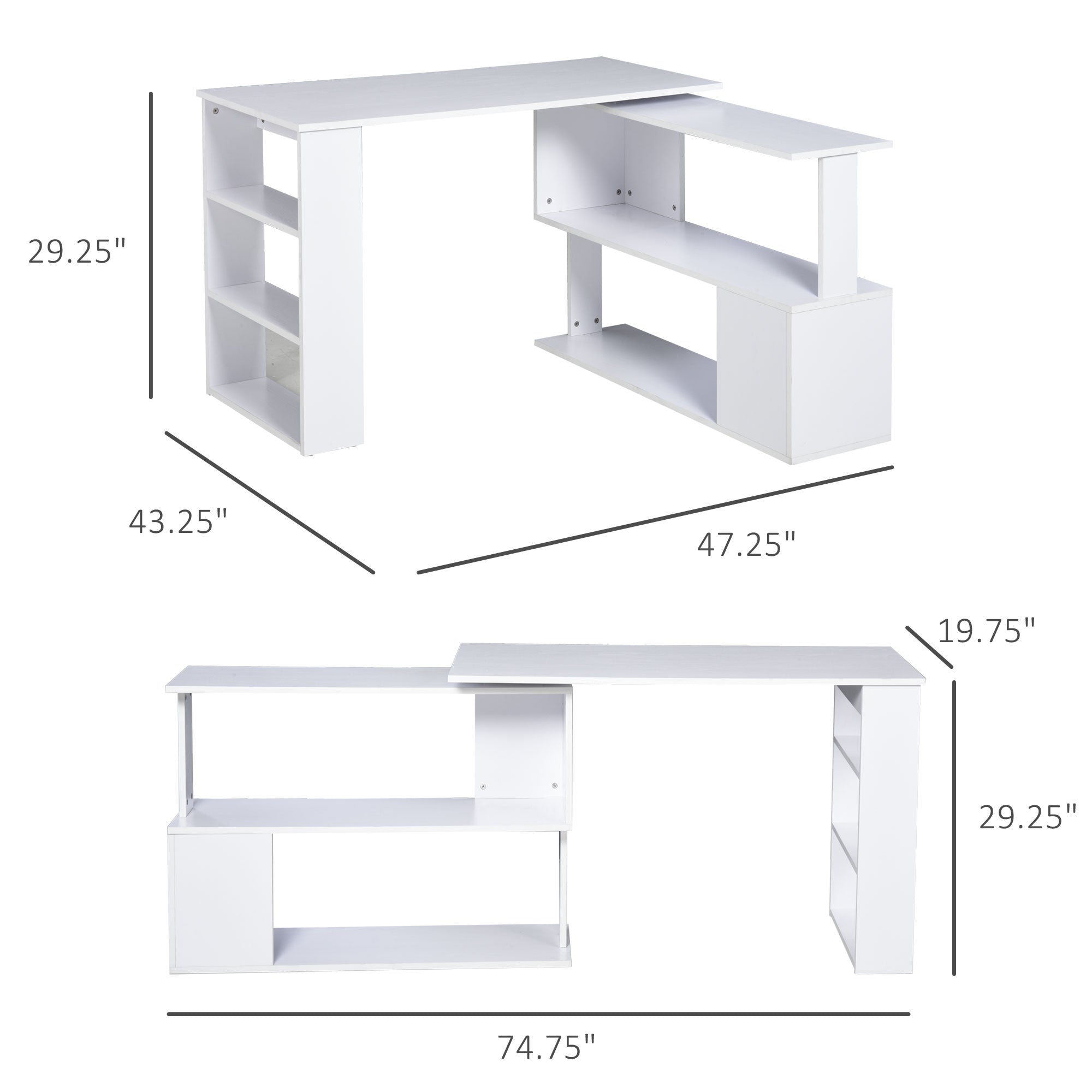 HOMCOM White L-Shaped Desk - 360° Rotating Corner Computer Writing Table with Storage Shelf for Home Office 
