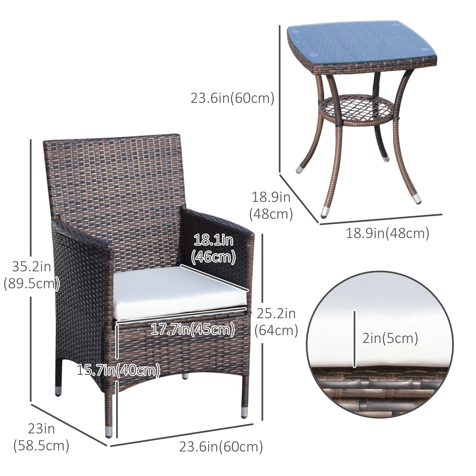 Outsunny 3 Pieces Patio Bistro Set, Outdoor PE Rattan Porch Furniture with Two Armchairs, Glass Top Coffee Table, Coffee 