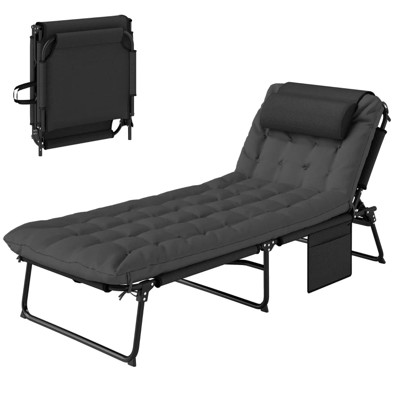 Folding Lounge Chair with 4-level Reclining Back & Cushion, Dark Grey