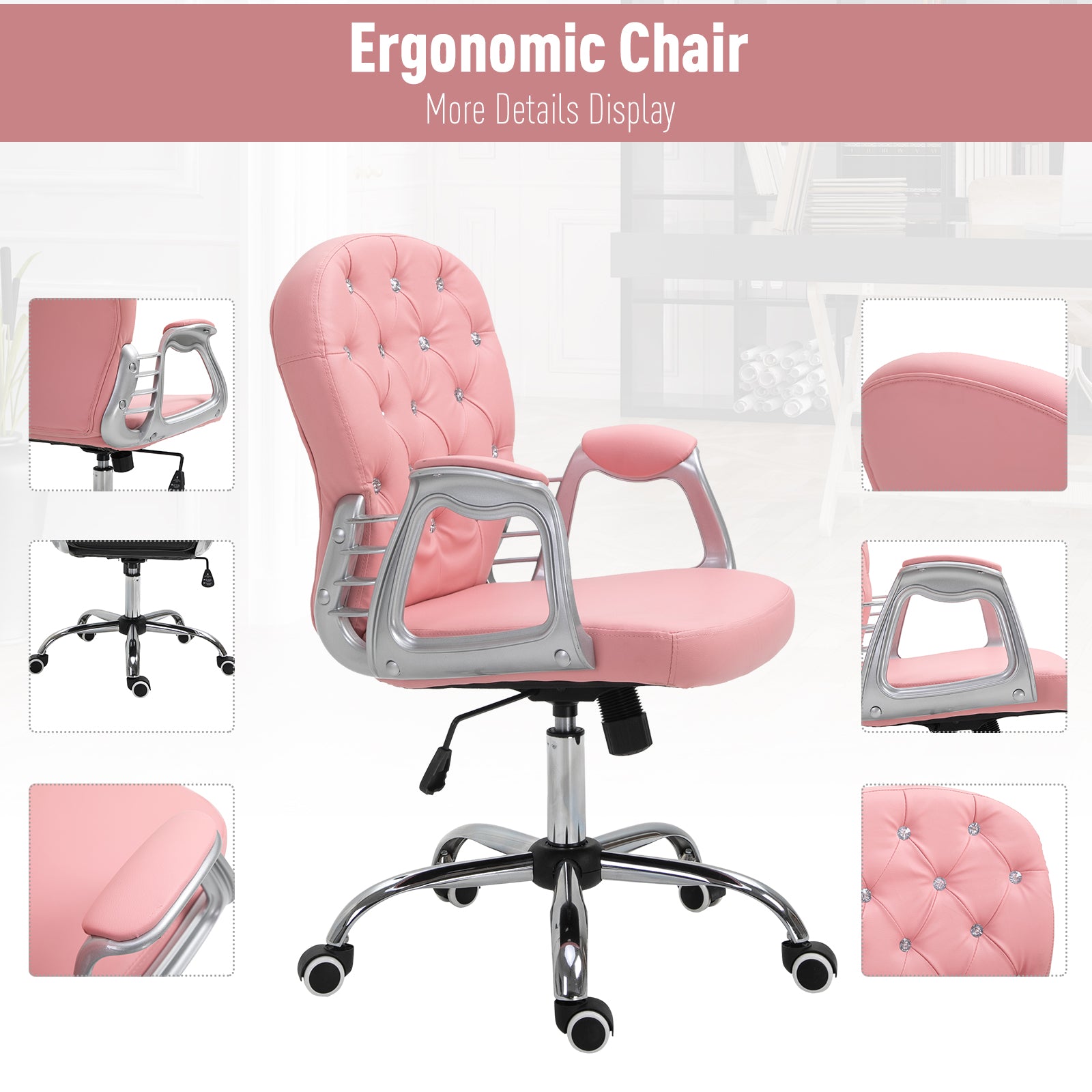 Vinsetto 360° Swivel Office Chair Vanity Style Tufted Backrest Task Chair with Height Adjustable, Armrests and Thick Padding, Pink 