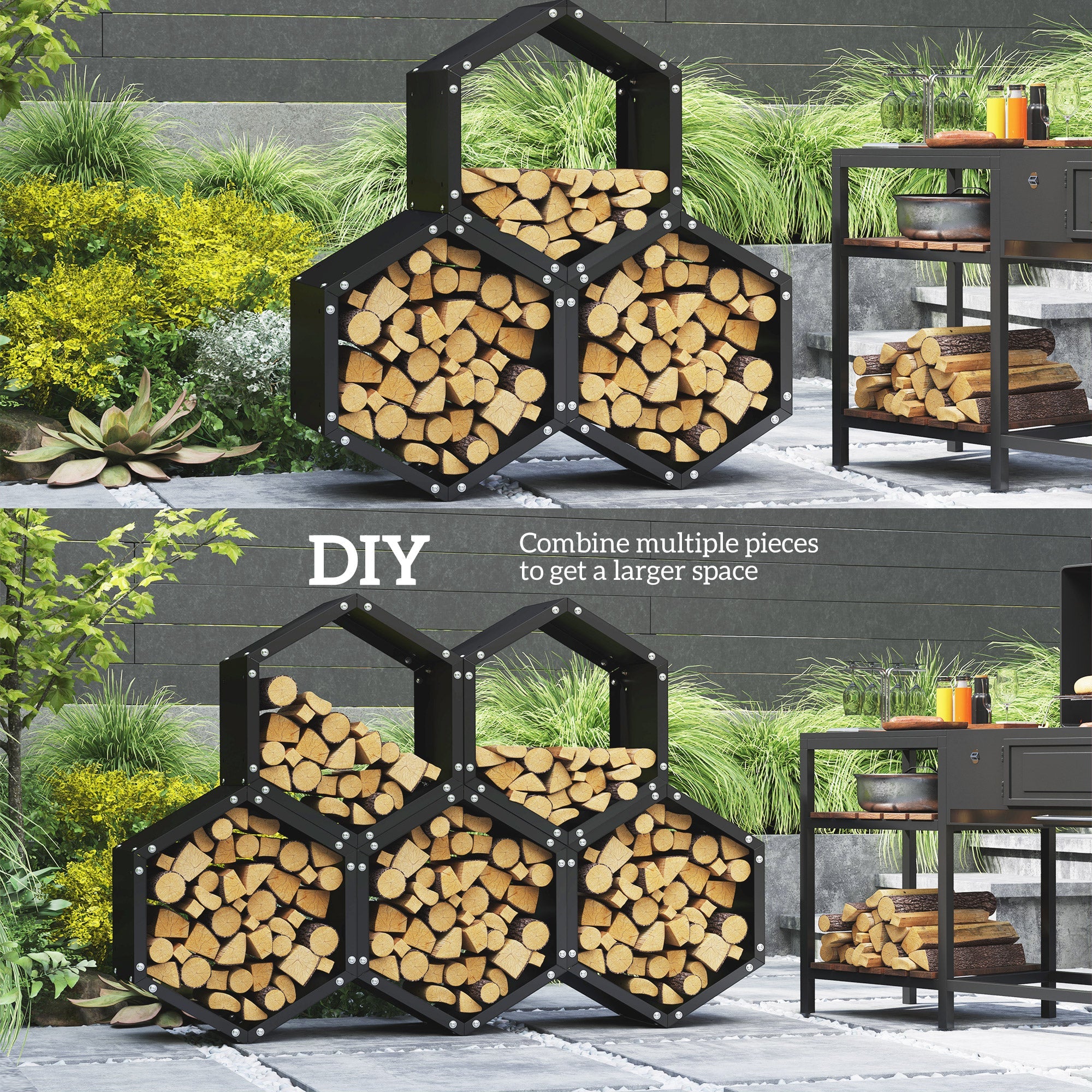 Outsunny Hexagon Firewood Log Rack Heavy-Duty Steel Log Holder for Outdoor Indoor Use, 25.6" x 14.6" x 22.4", Black 