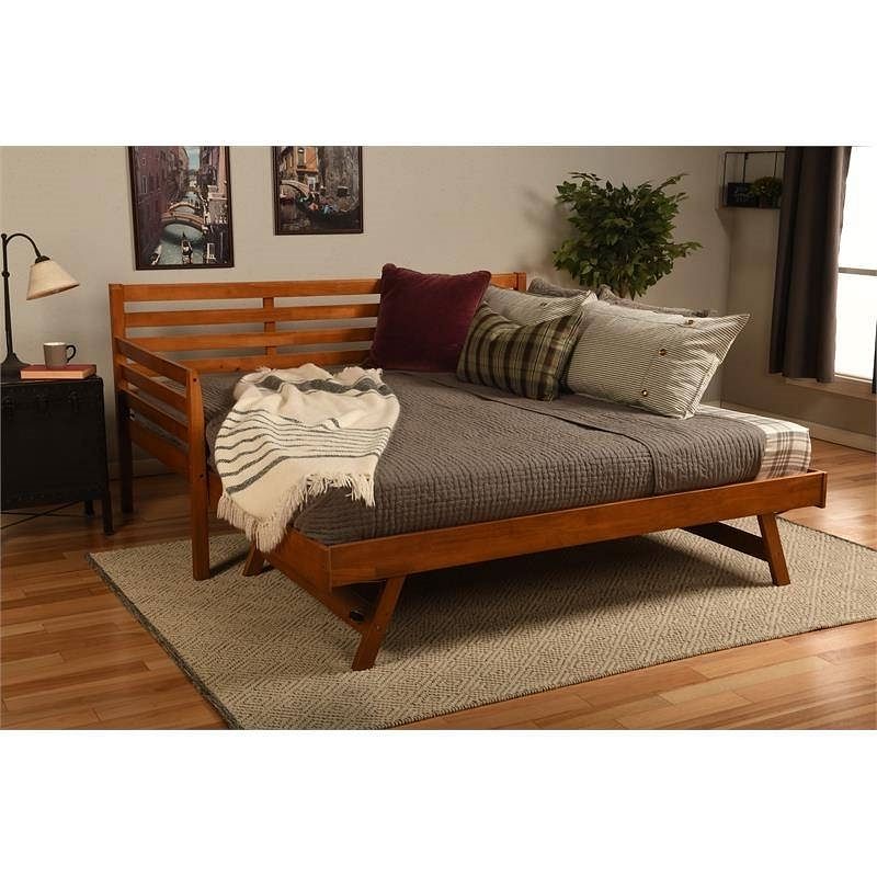 Solid Wood Day Bed Frame with Pull-out Pop Up Trundle Bed in Medium Brown - Free Shipping