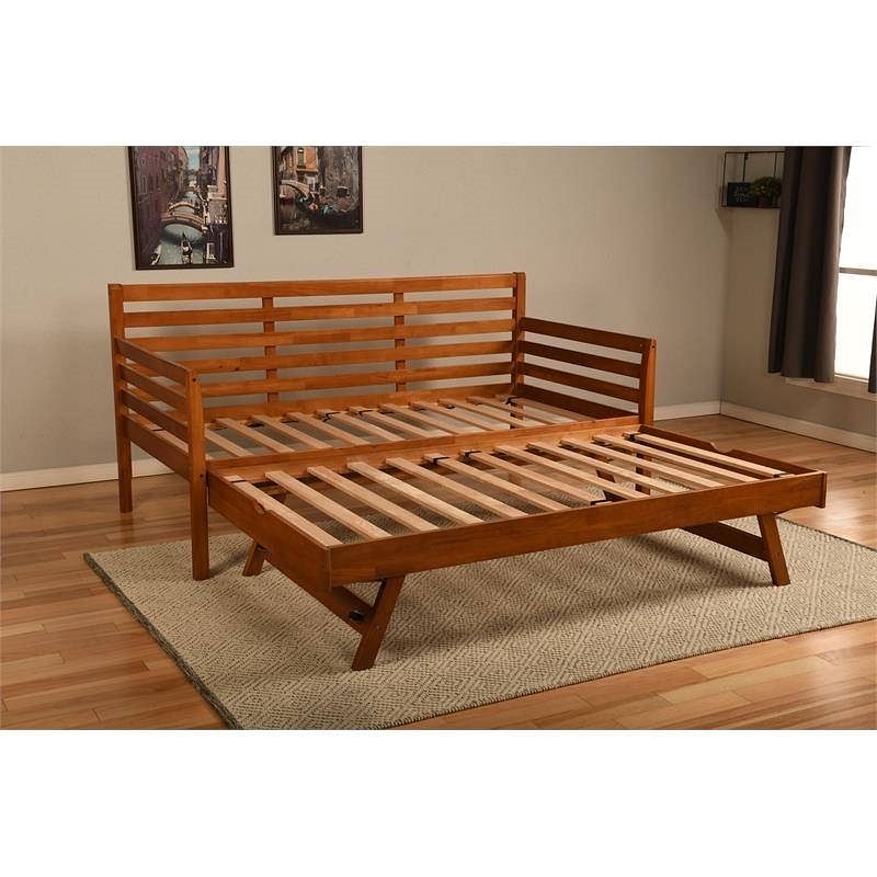 Solid Wood Day Bed Frame with Pull-out Pop Up Trundle Bed in Medium Brown - Free Shipping