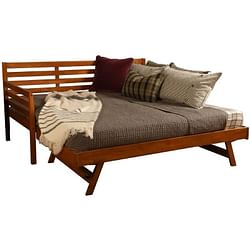 Solid Wood Day Bed Frame with Pull-out Pop Up Trundle Bed in Medium Brown - Free Shipping