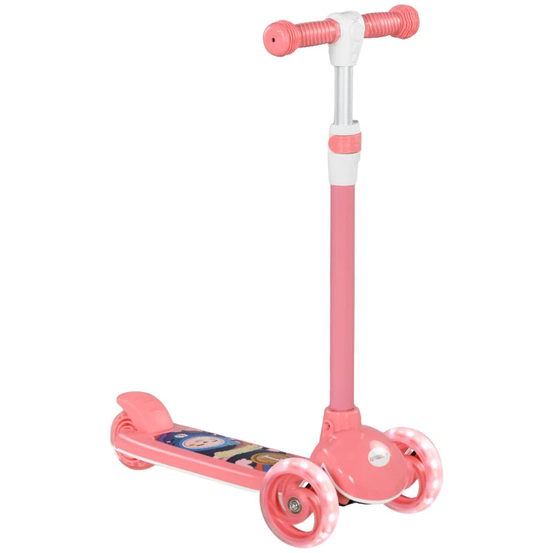 Qaba 3 Wheel Kids Scooter, Toddler Kick Scooter with Adjustable Height, Rear-Fender Brake, LED Light, TPE Handlebar, Pink