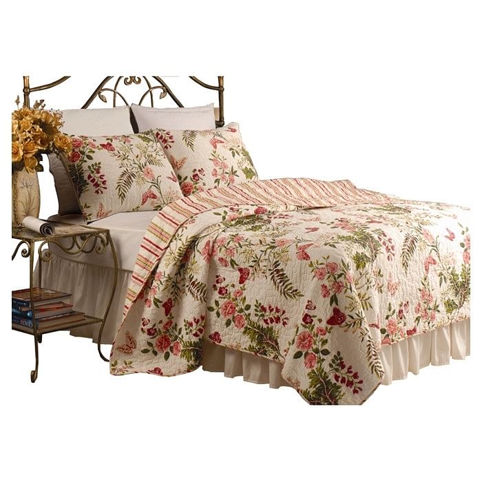 King size 3-Piece Cotton Quilt Set in Pink Beige Floral Butterflies - Free Shipping