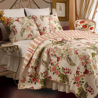 King size 3-Piece Cotton Quilt Set in Pink Beige Floral Butterflies - Free Shipping 