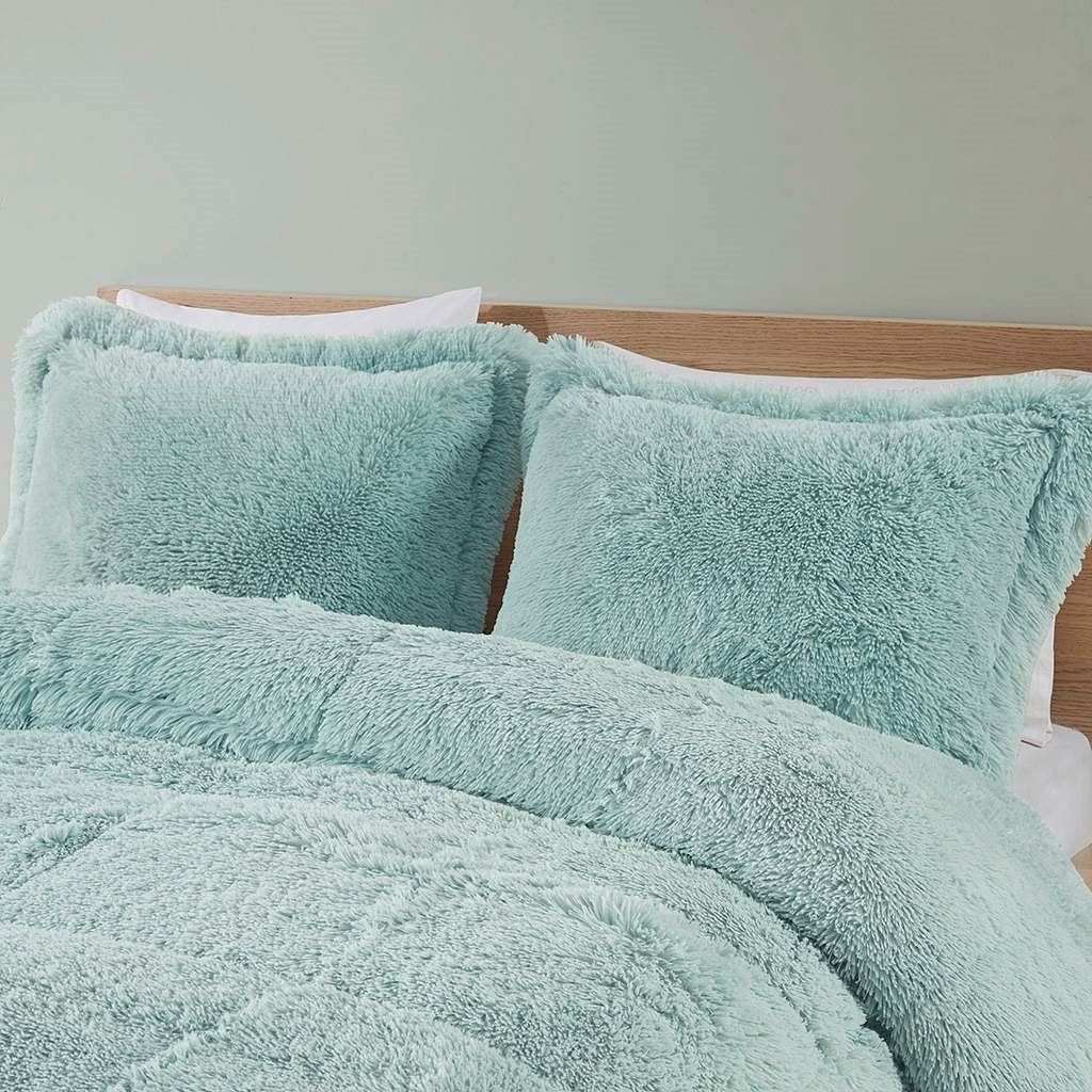 King/CAL King Soft Sherpa Faux Fur 3-Piece Comforter Set in Light Teal Blue - Free Shipping 