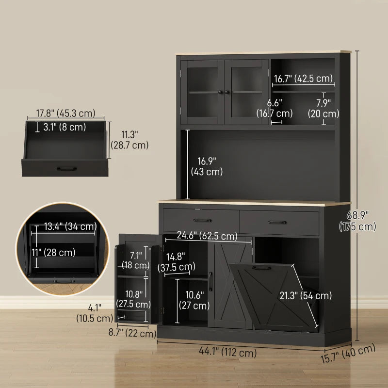 69" Kitchen Pantry Cabinet with Charging Station Kitchen Cabinet with Microwave Stand 7 Gallon Trash Can Cabinet Black
