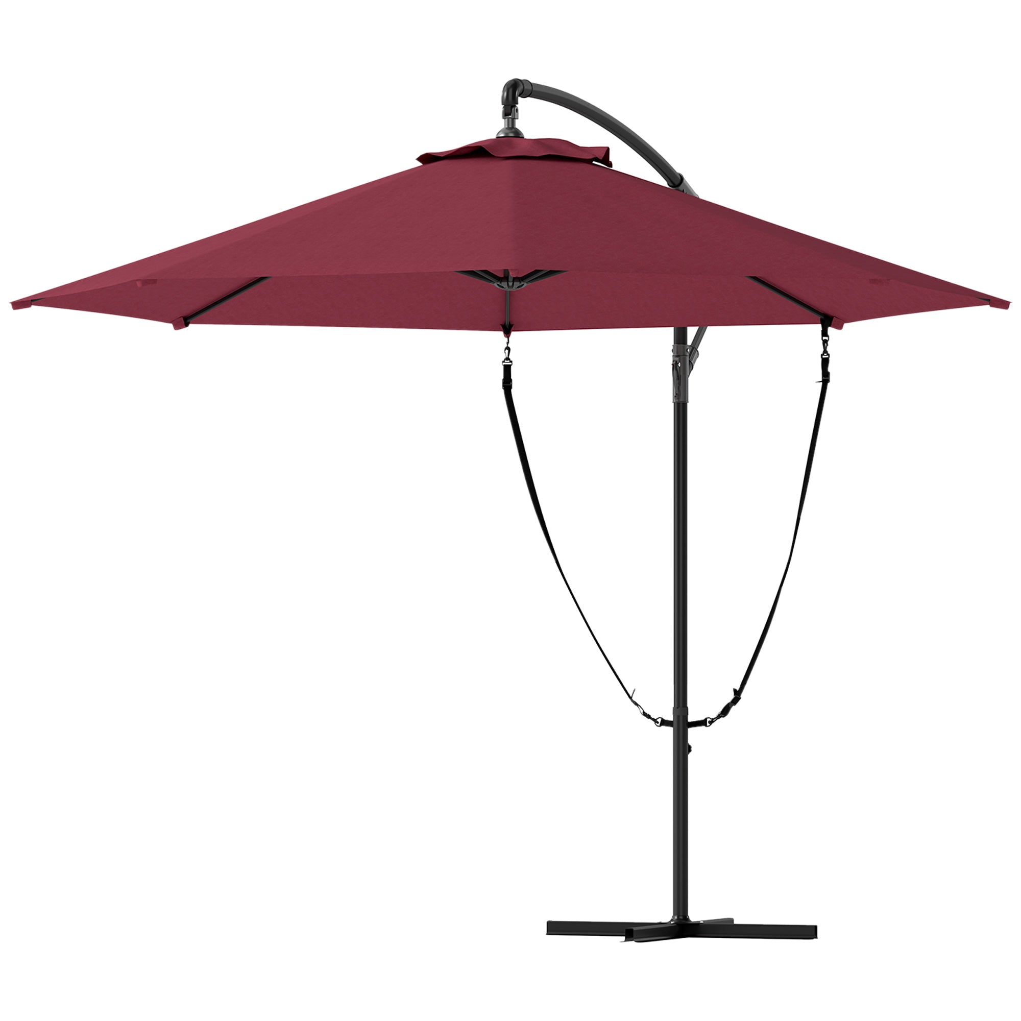 Outsunny 9.5' Cantilever Umbrella with Wind Protection Strap and Cover, Hanging Umbrella with Crank and Cross Base, UPF 50+, Red 
