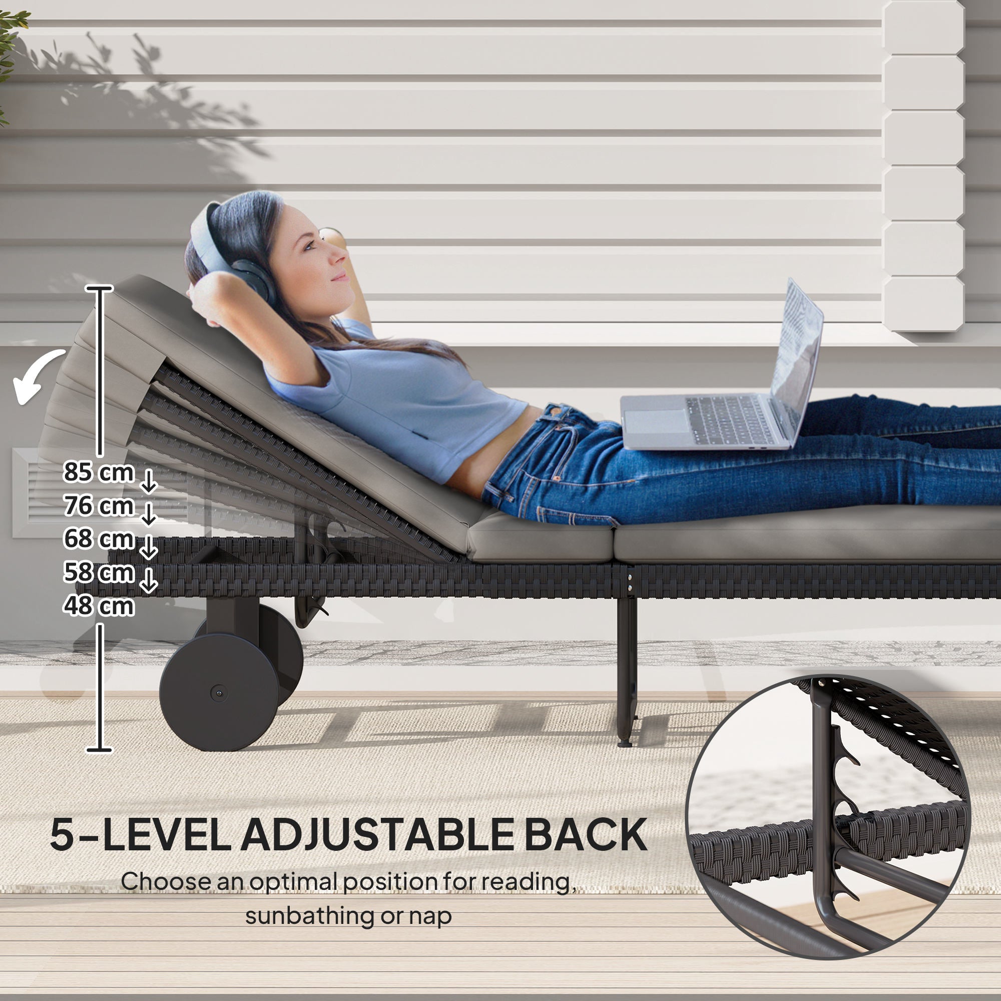 Outsunny PE Rattan Tanning Chair, Outdoor Patio Lounger with 5-Level Adjustable Back, Wheels and Cushion, Grey 