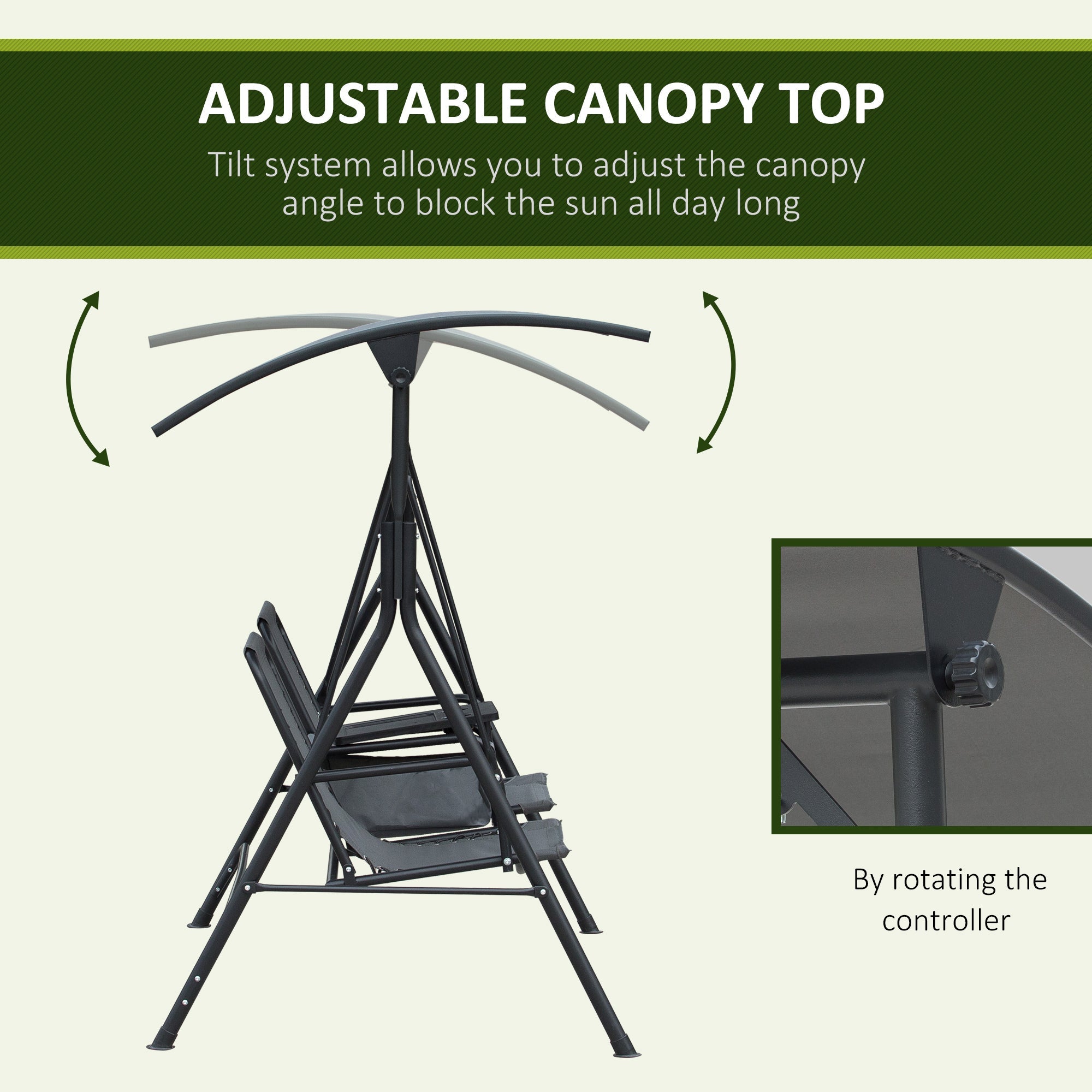 Outsunny 2-Person Patio Swing Chair Covered Porch Swing with Pivot Storage Table, Cup Holder, & Adjustable Overhead Canopy, Grey 