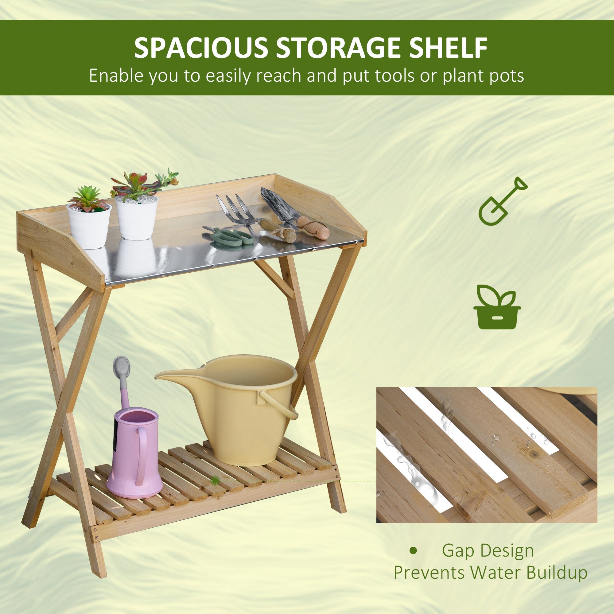 Outsunny Garden Potting Bench Wooden Work Station Outdoor Planting Workbench with Galvanized Metal Tabletop Storage Shelf 