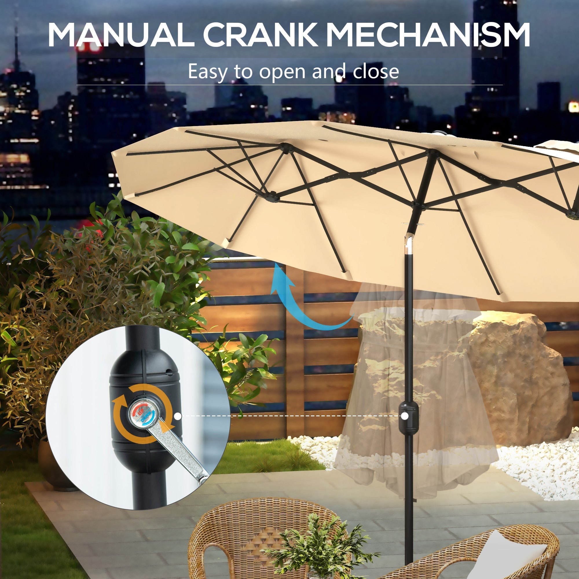 Outsunny 9.5' Double-sided Outdoor Patio Umbrella with Tilt, Crank and Vents, Brown 