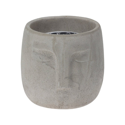 Candle In Cement Pot With Face Design, Wax Colour, White 