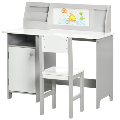 Qaba 2Pcs Kids Desk Chair Set with Whiteboard Storage Shelves Study Furniture Grey 