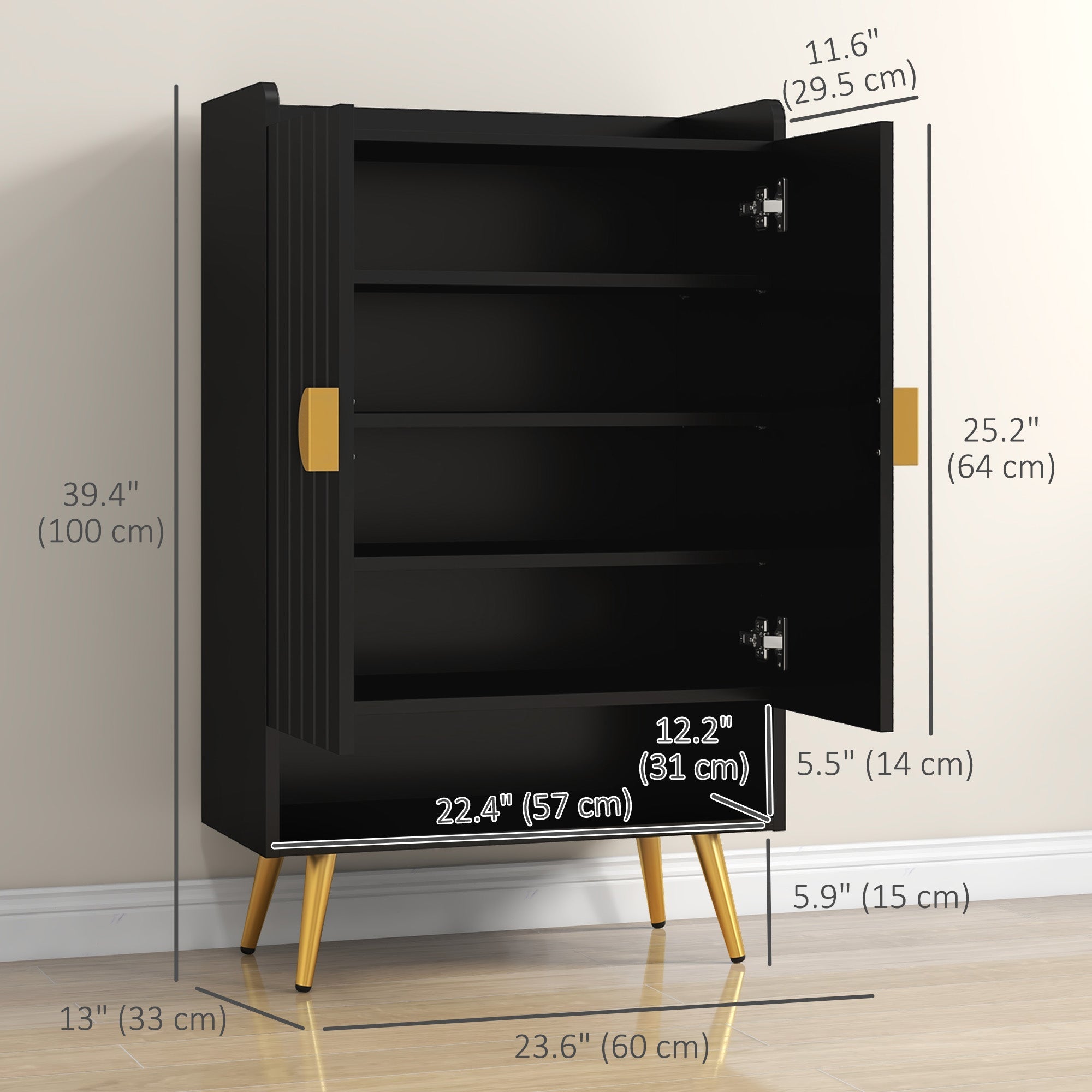 HOMCOM Entryway Narrow Shoe Storage Cabinet with Adjustable Shelves Open Shelf for 15 Pairs Black 