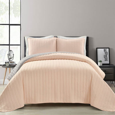 King Size Soft Reversible Lightweight Quilt Set in Rose Blush Pink and Grey - Free Shipping 
