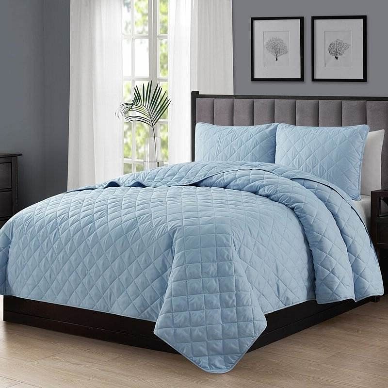 King/CAL King 3-Piece Light Blue Microfiber Reversible Diamond Quilt Set - Free Shipping