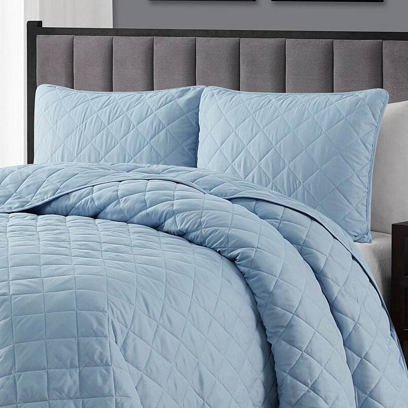 King/CAL King 3-Piece Light Blue Microfiber Reversible Diamond Quilt Set - Free Shipping