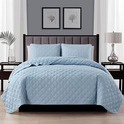 King/CAL King 3-Piece Light Blue Microfiber Reversible Diamond Quilt Set - Free Shipping