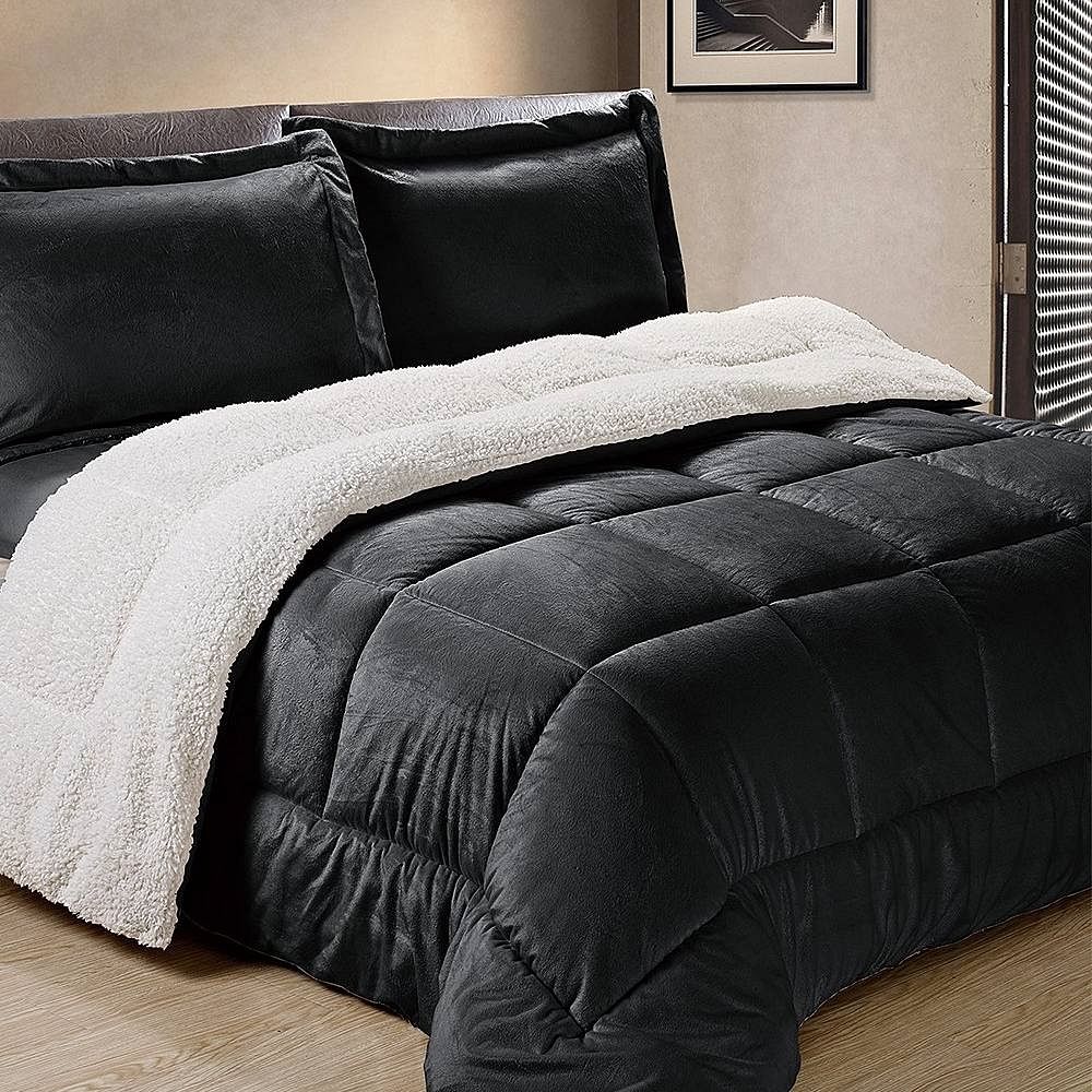 King Size 3 Piece Ultra Soft Sherpa Wrinkle Resistant Comforter Set in Black - Free Shipping 