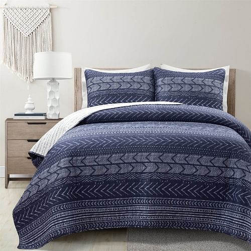 King size Scandinavian Chevron Navy Blue White Reversible Cotton Quilt Set - Free Shipping