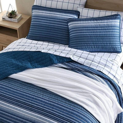King Size Coastal Blue Stripe Reversible Cotton Quilt Set - Free Shipping 