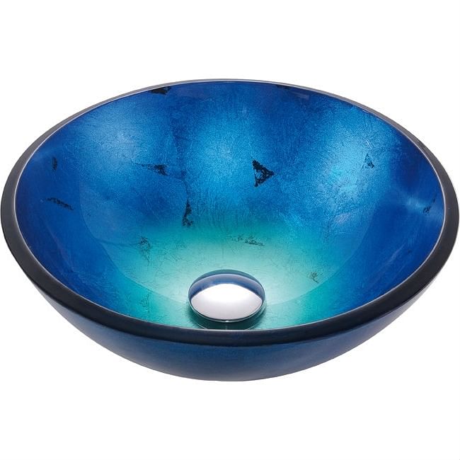 Round Blue Tempered Glass Vessel Bathroom Sink - Free Shipping 