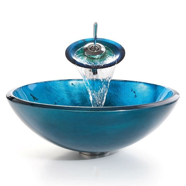 Round Blue Tempered Glass Vessel Bathroom Sink - Free Shipping 