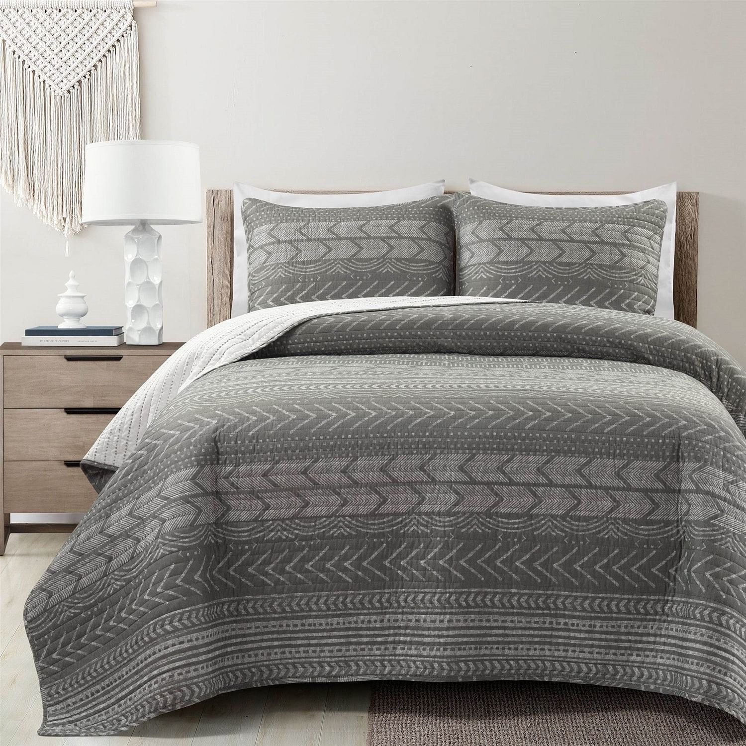 King Size Scandinavian Dark Grey Chevron Stripe Reversible Cotton Quilt Set - Free Shipping