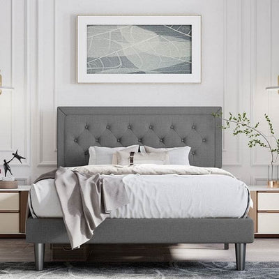 King Size Dark Grey Linen Upholstered Platform Bed with Button-Tufted Headboard - Free Shipping 