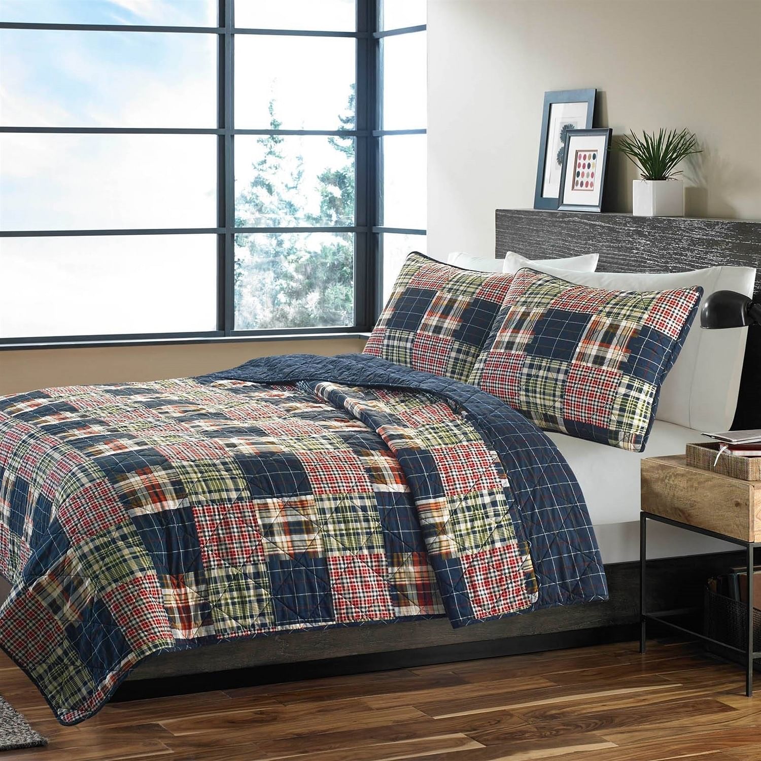 King size Farmhouse Red Navy Plaid 100-Percent Cotton Reversible Quilt Set - Free Shipping 