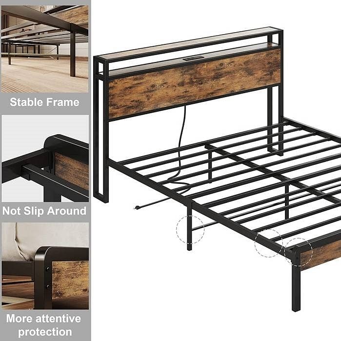 King Size Industrial Platform Bed Frame with Storage Headboard and Power Outlets - Free Shipping 